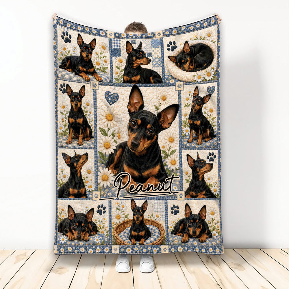 Miniature Pinscher throw blanket displayed vertically with black-and-tan dogs, daisies, paw prints, and blue accents