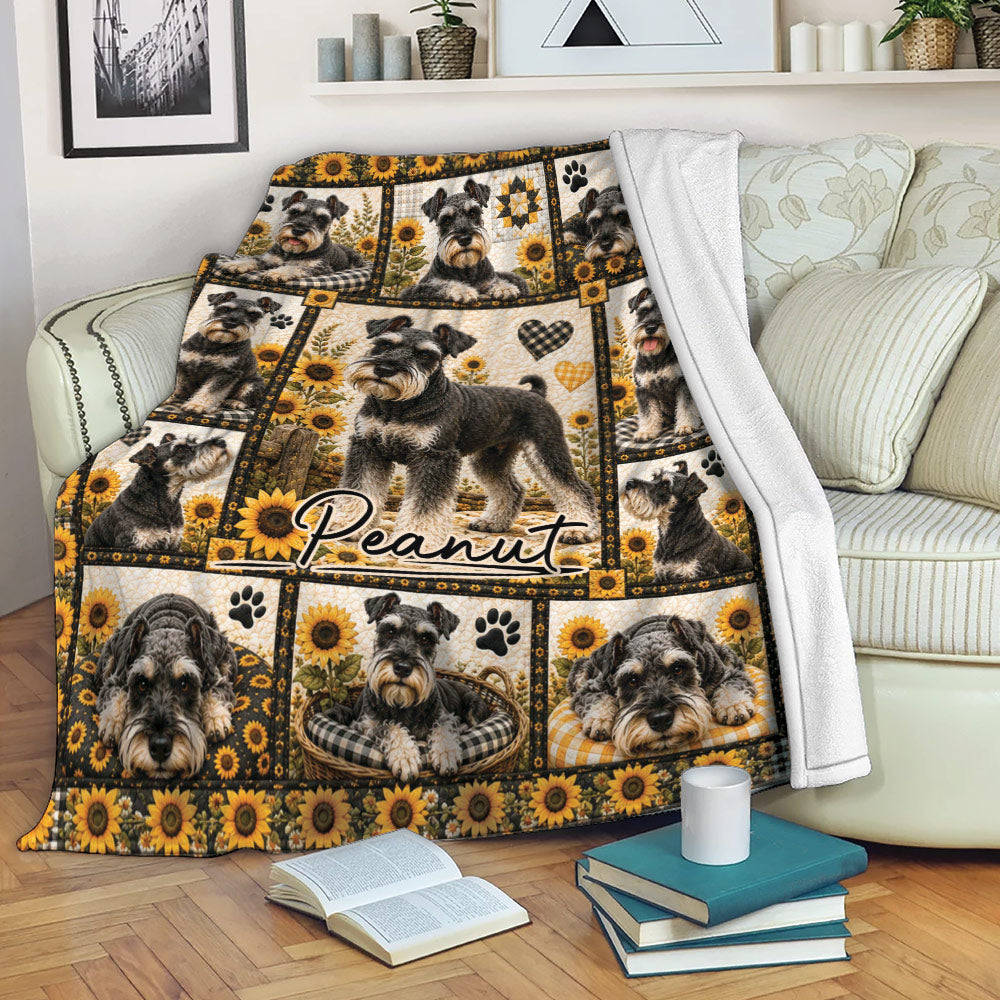 Miniature Schnauzer throw blanket draped over a sofa with sunflower collage artwork