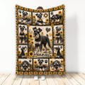 Miniature Schnauzer blanket with multiple dog portraits, sunflower borders, paw prints, and heart accents
