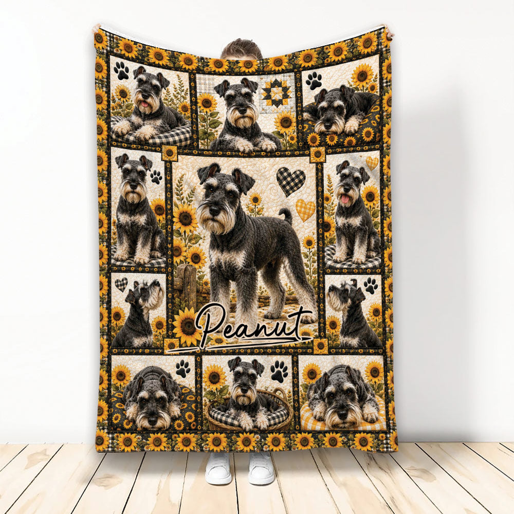 Miniature Schnauzer blanket with multiple dog portraits, sunflower borders, paw prints, and heart accents