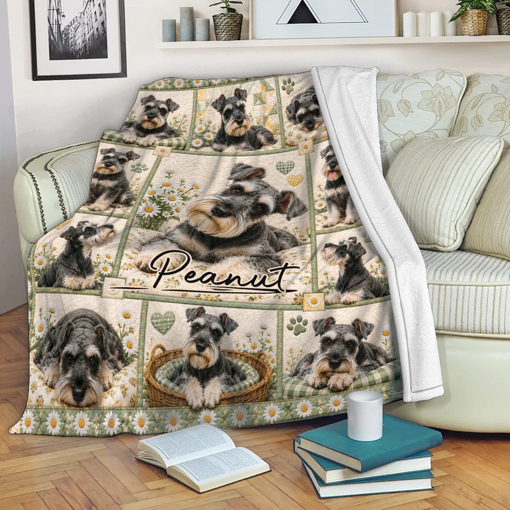 Miniature Schnauzer throw blanket displayed on a sofa with floral dog artwork and cozy living room decor