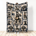 Miniature Schnauzer blanket with multiple dog portraits in a navy and cream patchwork-inspired design