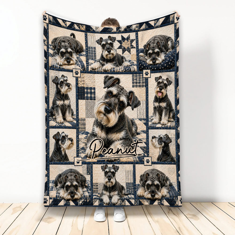 Miniature Schnauzer blanket with multiple dog portraits in a navy and cream patchwork-inspired design