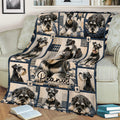 Miniature Schnauzer blanket draped across a sofa, featuring detailed dog portraits and navy cream artwork