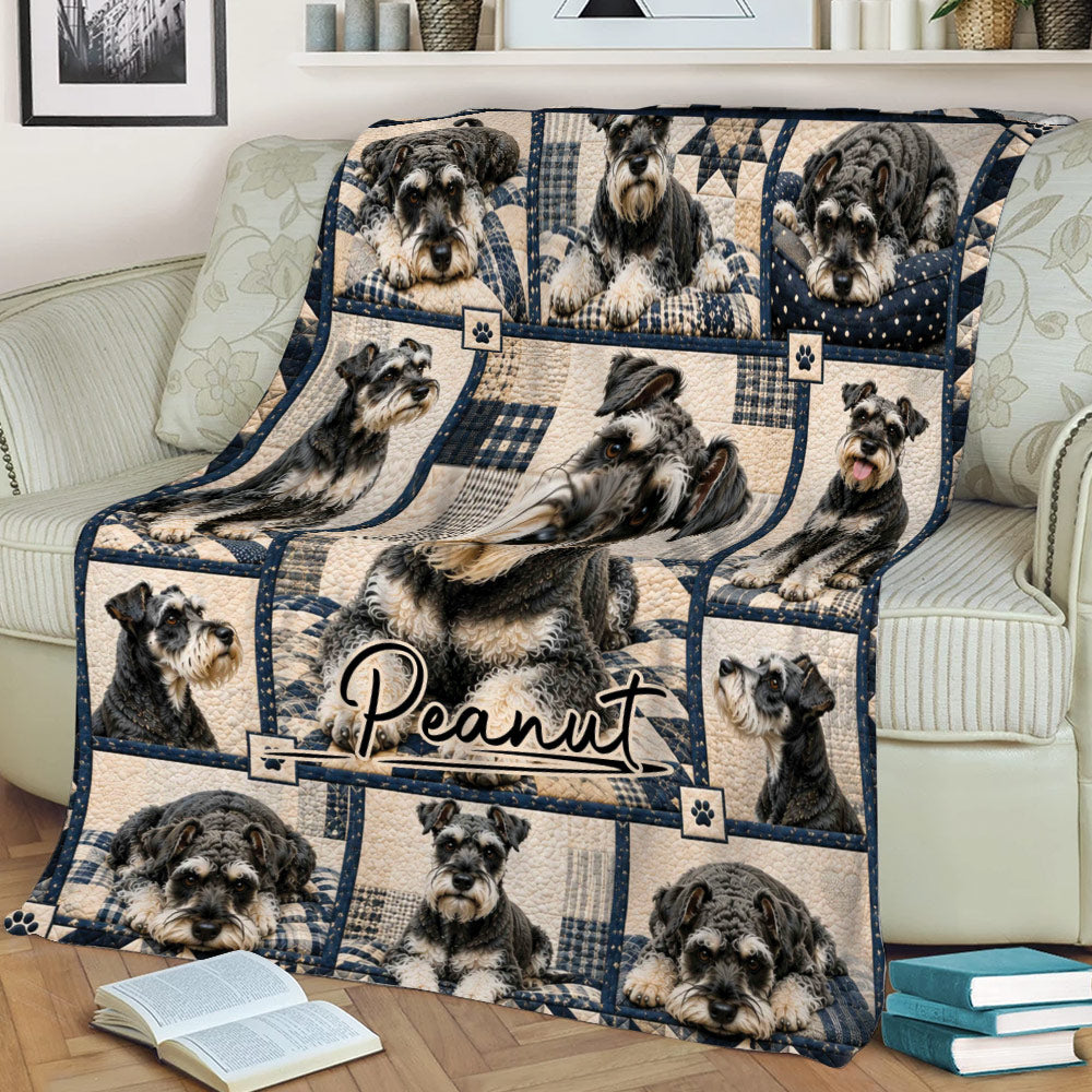 Miniature Schnauzer blanket draped across a sofa, featuring detailed dog portraits and navy cream artwork