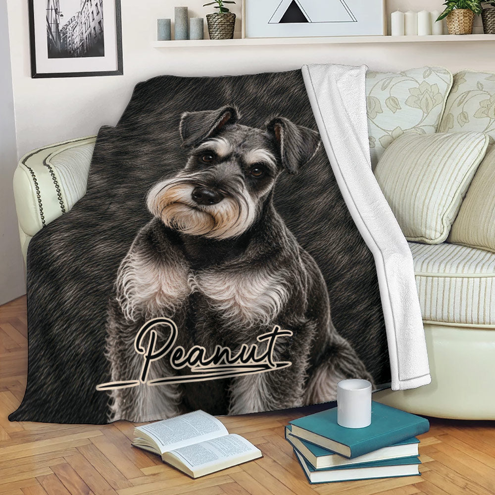Miniature Schnauzer throw blanket draped over a living room sofa with books nearby