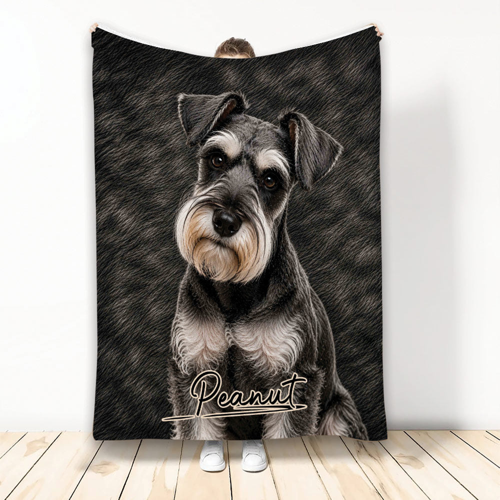 Miniature Schnauzer artwork on a dark custom throw blanket displayed against a light background