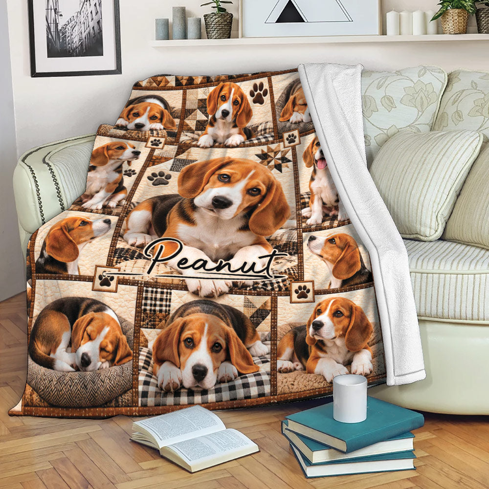 Beagle throw blanket draped over a sofa, featuring multiple Beagle portraits and cozy rustic patchwork artwork