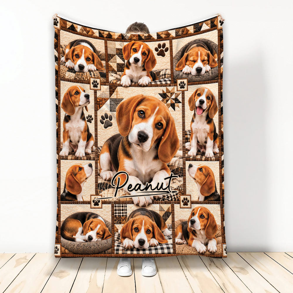 Beagle throw blanket displayed upright with a collage of happy Beagles, paw prints, and rustic patchwork accents