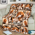 Beagle blanket styled on a sofa with playful Beagle portraits, paw prints, and warm brown patchwork details