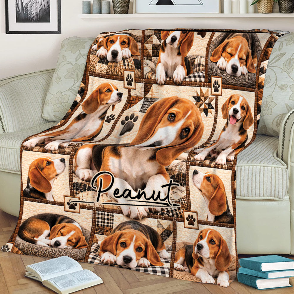 Beagle blanket styled on a sofa with playful Beagle portraits, paw prints, and warm brown patchwork details