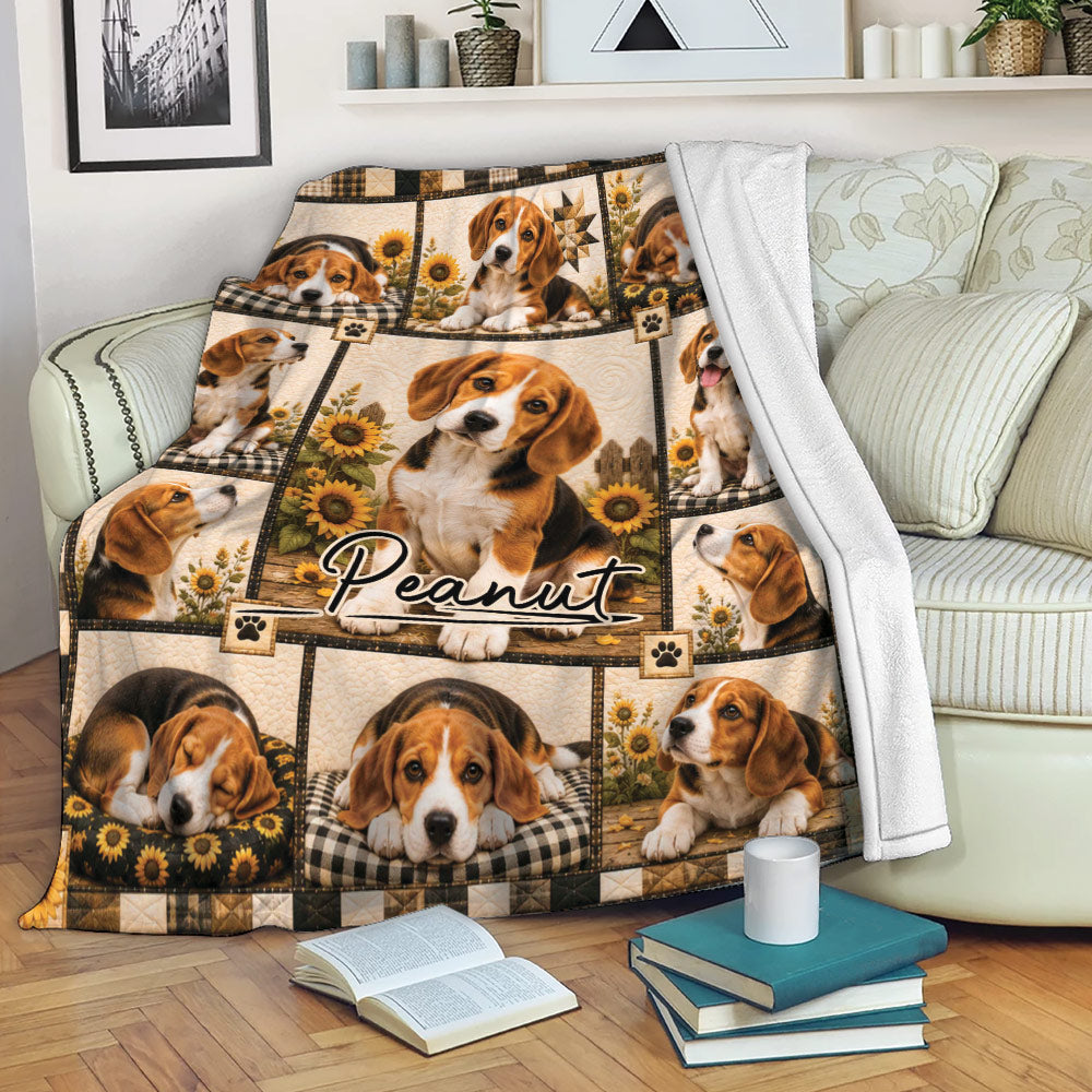 Beagle throw blanket draped over a living room sofa with sunflower and plaid dog artwork