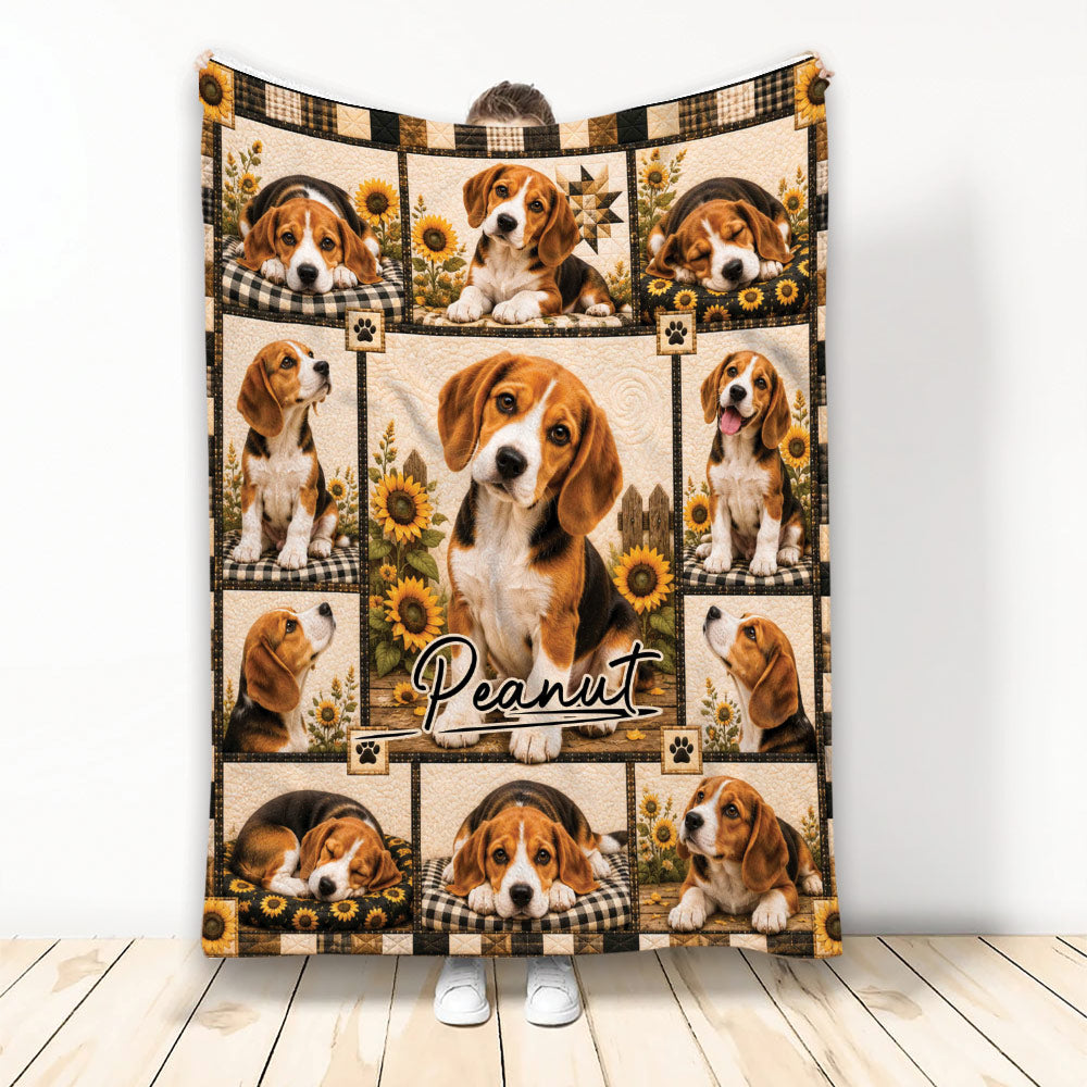 Beagle throw blanket displayed vertically with sunflower accents, paw prints, and patchwork dog artwork