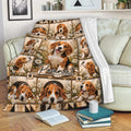 Beagle blanket draped over a sofa with daisy artwork, paw prints, and cozy living room decor