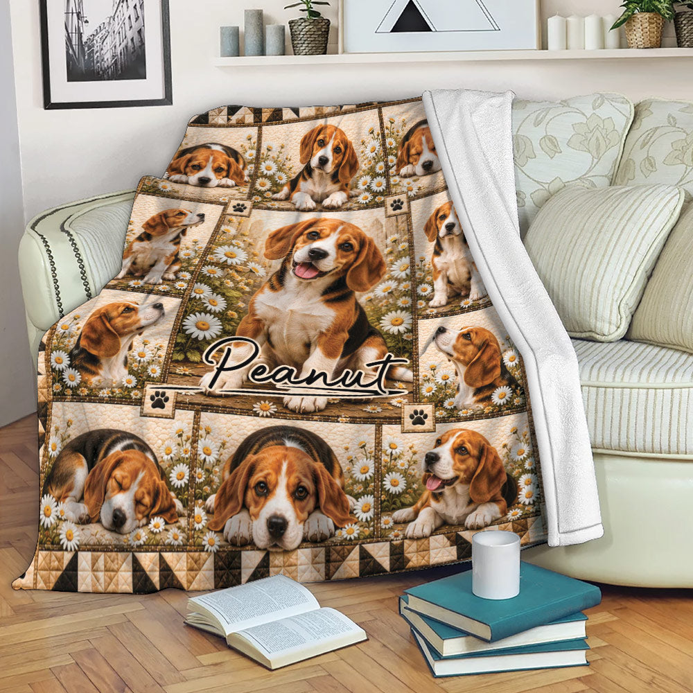 Beagle blanket draped over a sofa with daisy artwork, paw prints, and cozy living room decor