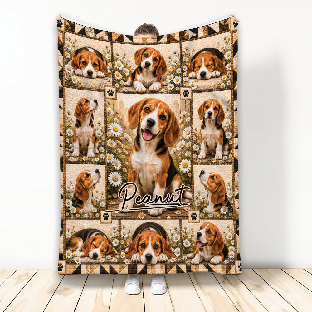 Beagle throw blanket featuring multiple Beagle portraits, daisies, paw prints, and warm rustic tones