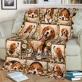 Beagle throw blanket displayed on a couch with playful dog portraits and daisy-filled rustic artwork