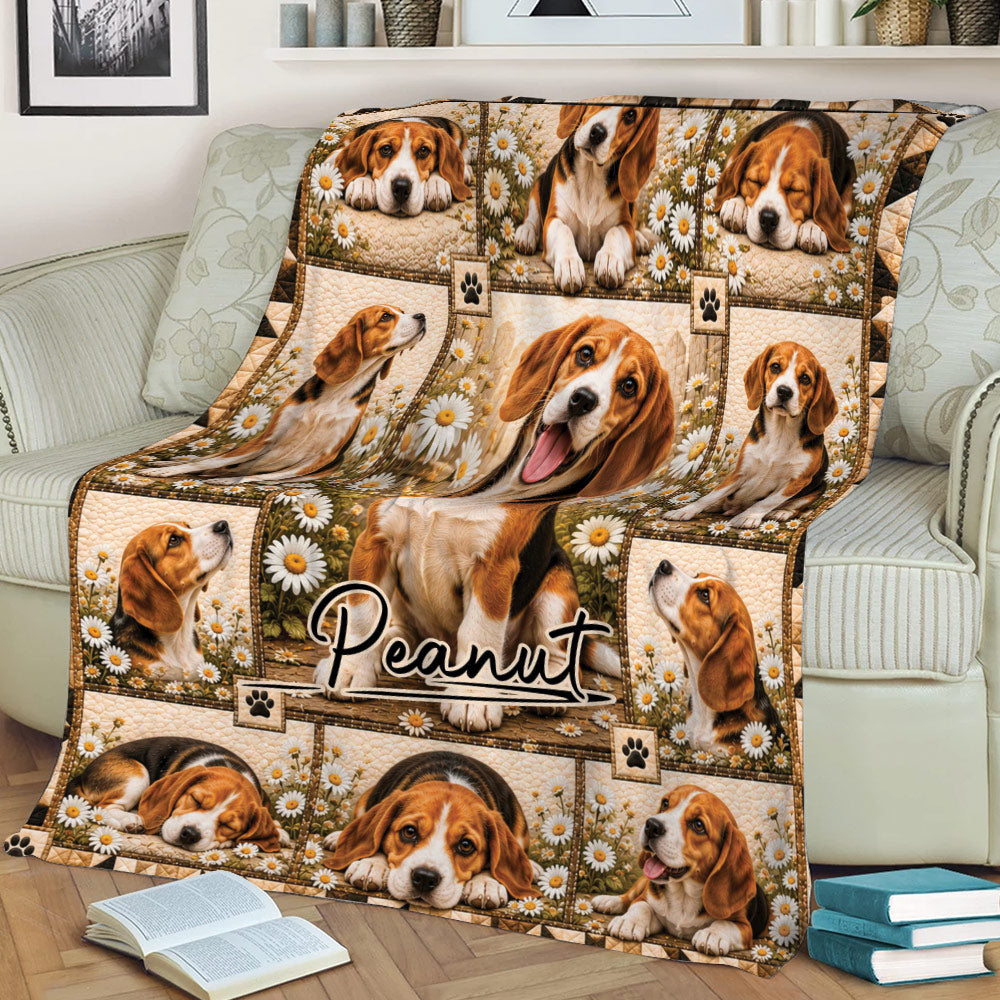 Beagle throw blanket displayed on a couch with playful dog portraits and daisy-filled rustic artwork