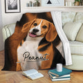 Beagle throw blanket draped over a sofa, featuring a close-up tri-color Beagle portrait