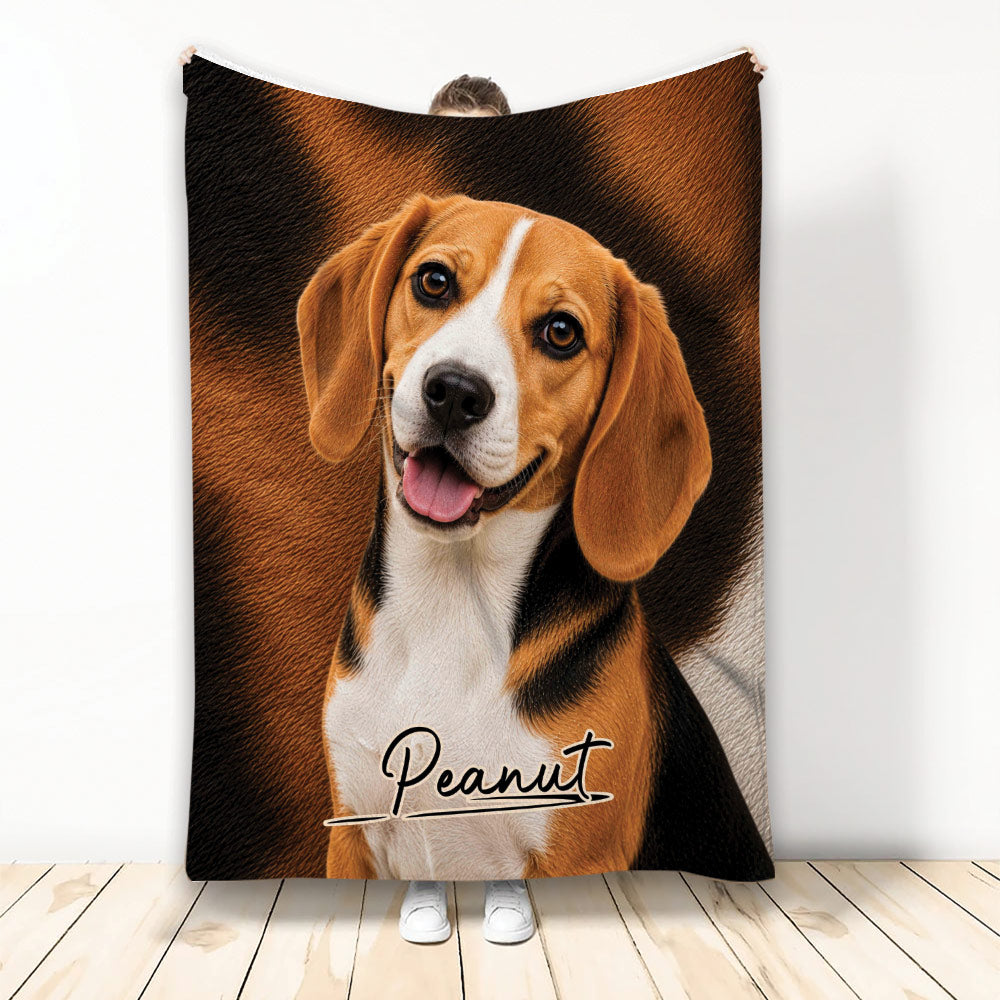 Custom Beagle blanket displayed upright with a happy tri-color Beagle portrait on a warm brown background