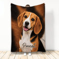 Custom Beagle blanket displayed upright with a happy tri-color Beagle portrait on a warm brown background