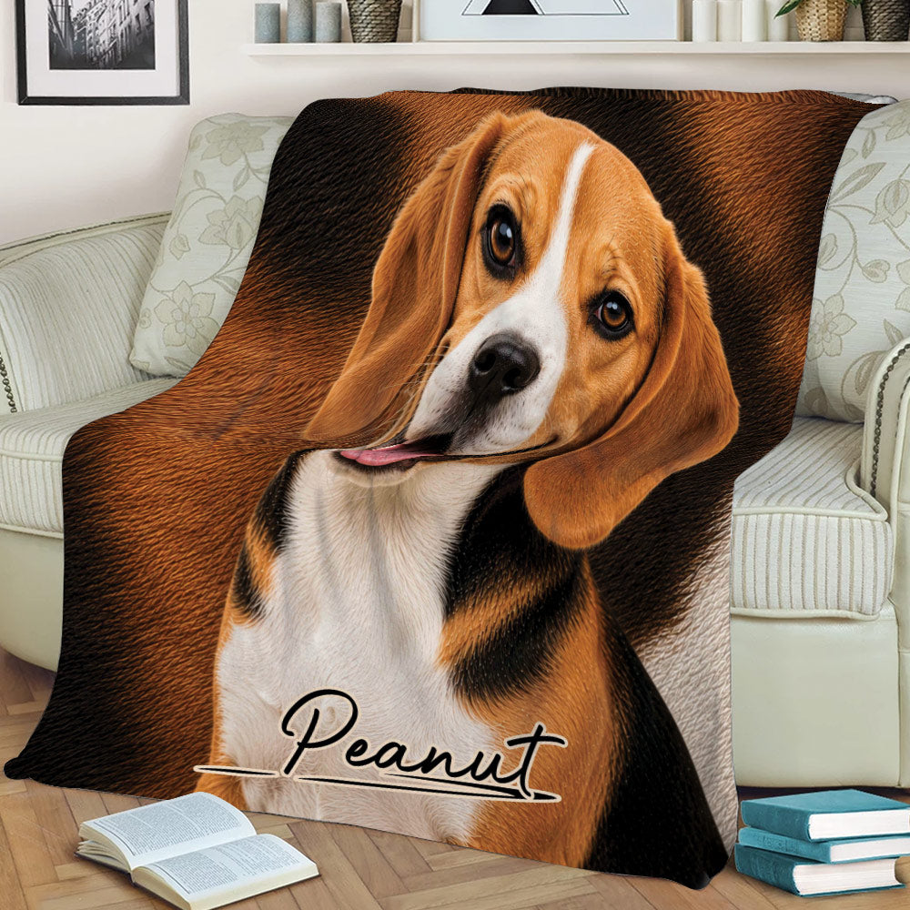 Beagle throw blanket styled on a sofa with a detailed tri-color Beagle face and warm brown artwork