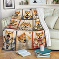Shiba Inu throw blanket draped over a sofa with a cozy dog portrait collage design