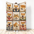 Shiba Inu throw blanket displayed upright with a colorful collage of smiling and sleeping dogs