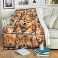 Shiba Inu throw blanket draped over a sofa with cozy brown plaid dog artwork