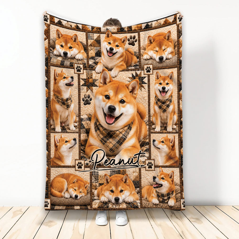 Shiba Inu throw blanket displayed upright with multiple dog portraits, paw prints, and warm plaid artwork