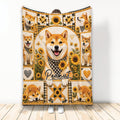 Shiba Inu blanket with sunflower artwork, plaid accents, hearts, and multiple cheerful dog portraits