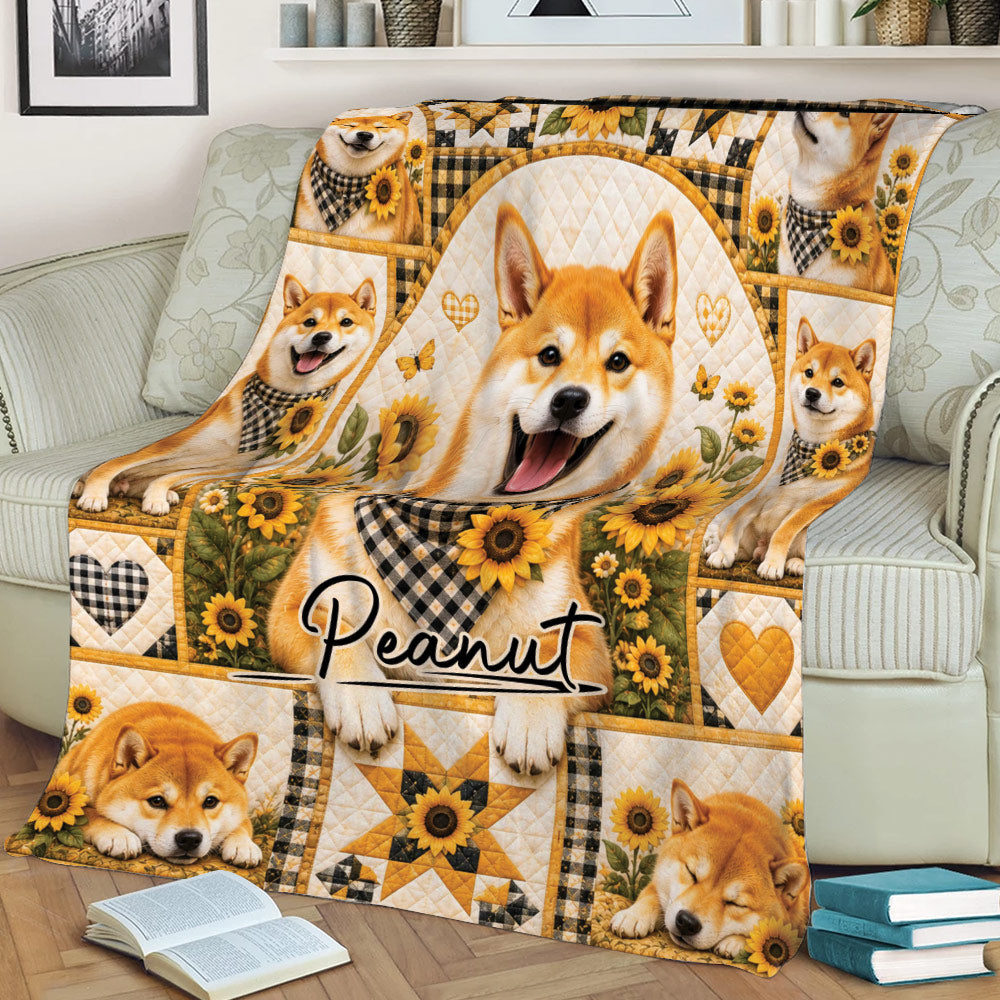 Shiba Inu blanket draped over a sofa, featuring a central dog portrait and sunflower design