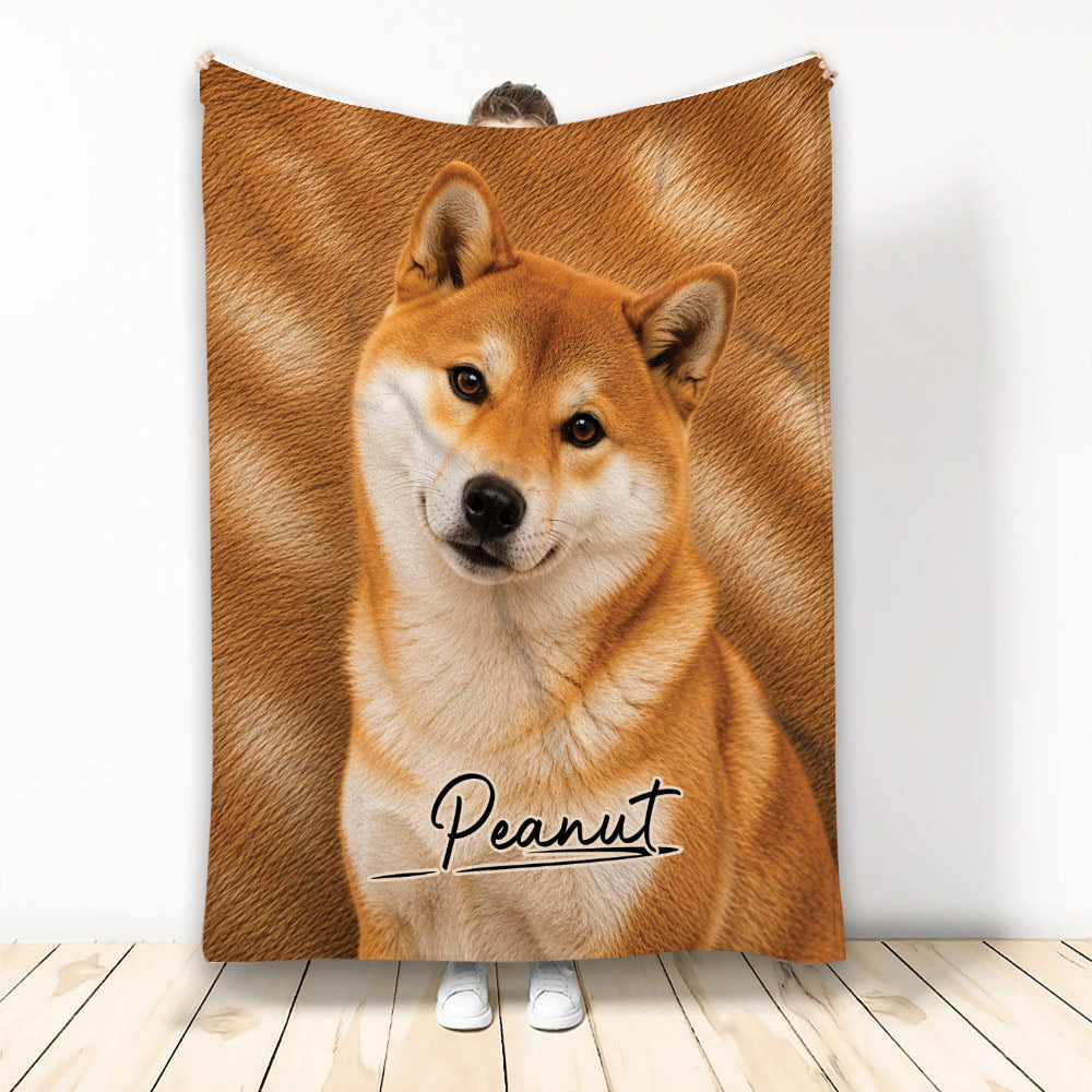 Shiba Inu blanket displayed vertically with warm orange fur artwork and a cozy dog-themed design