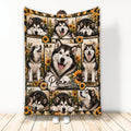 Alaskan Malamute blanket displayed upright with multi-panel dog artwork and sunflower accents