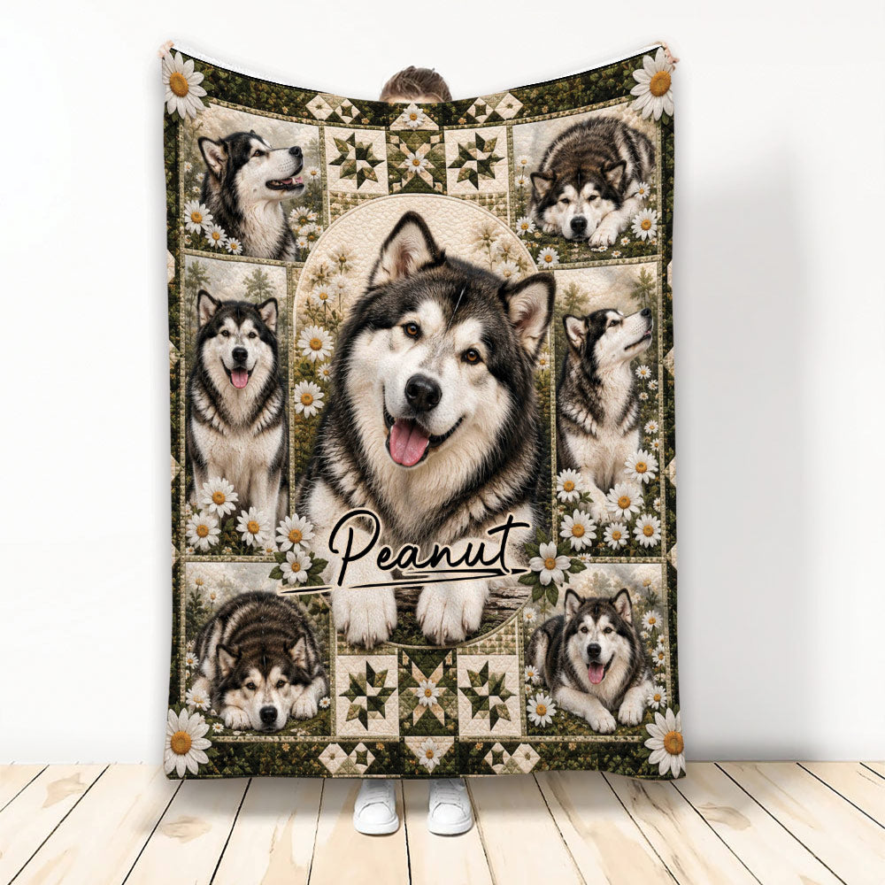 Alaskan Malamute throw blanket displayed upright with multiple dog portraits, daisies, and rustic woodland artwork