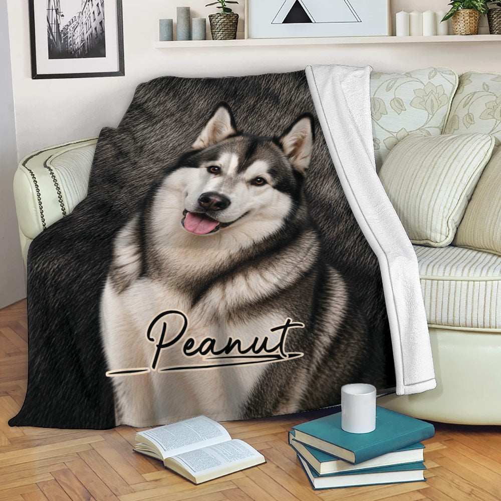 Alaskan Malamute blanket displayed on a sofa with a cozy reading setup