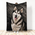 Alaskan Malamute throw blanket featuring a smiling black and white dog against a fur-textured background