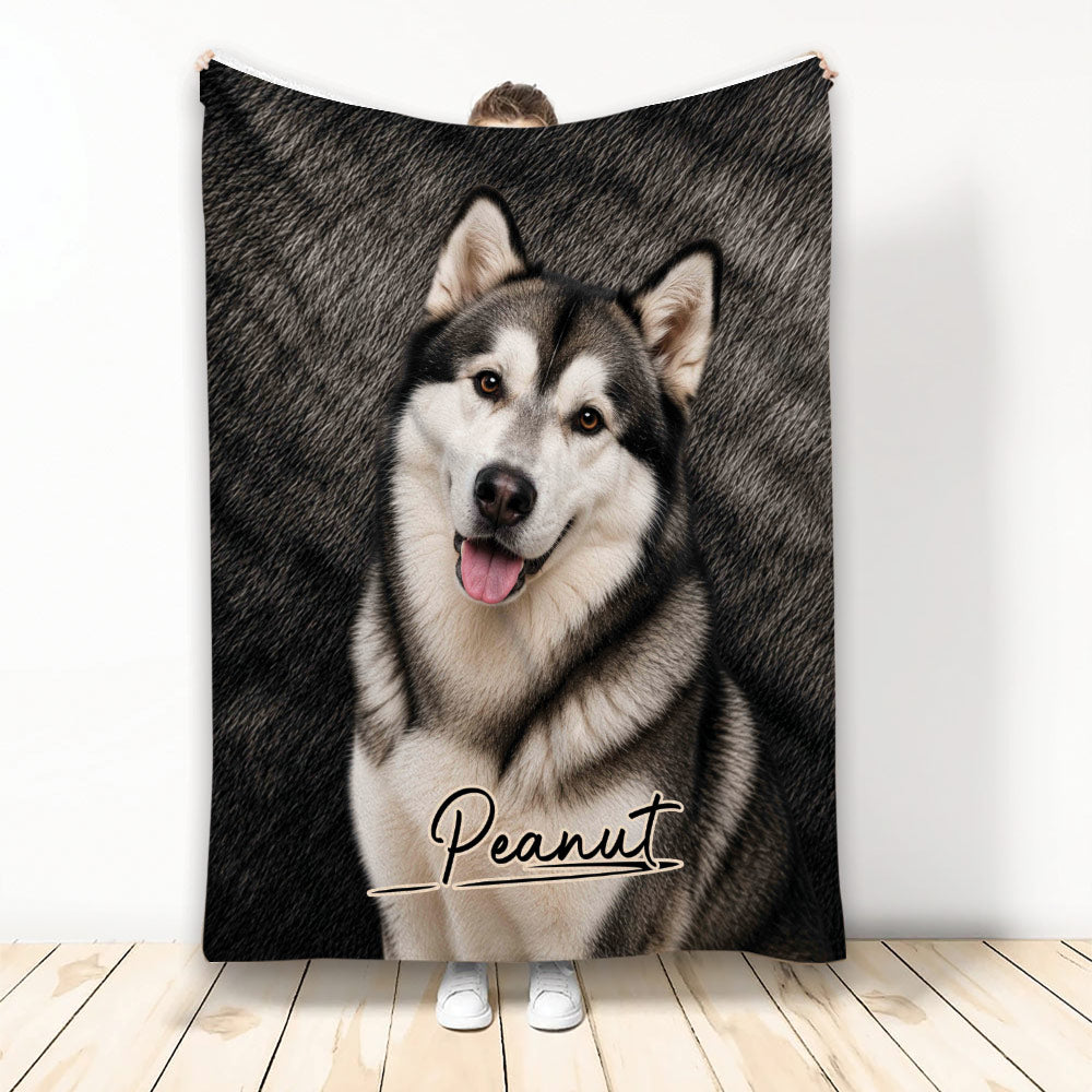 Alaskan Malamute throw blanket featuring a smiling black and white dog against a fur-textured background
