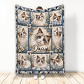 Ragdoll cat throw blanket with blue-eyed cats, floral accents, paw prints, and blue patchwork-inspired borders
