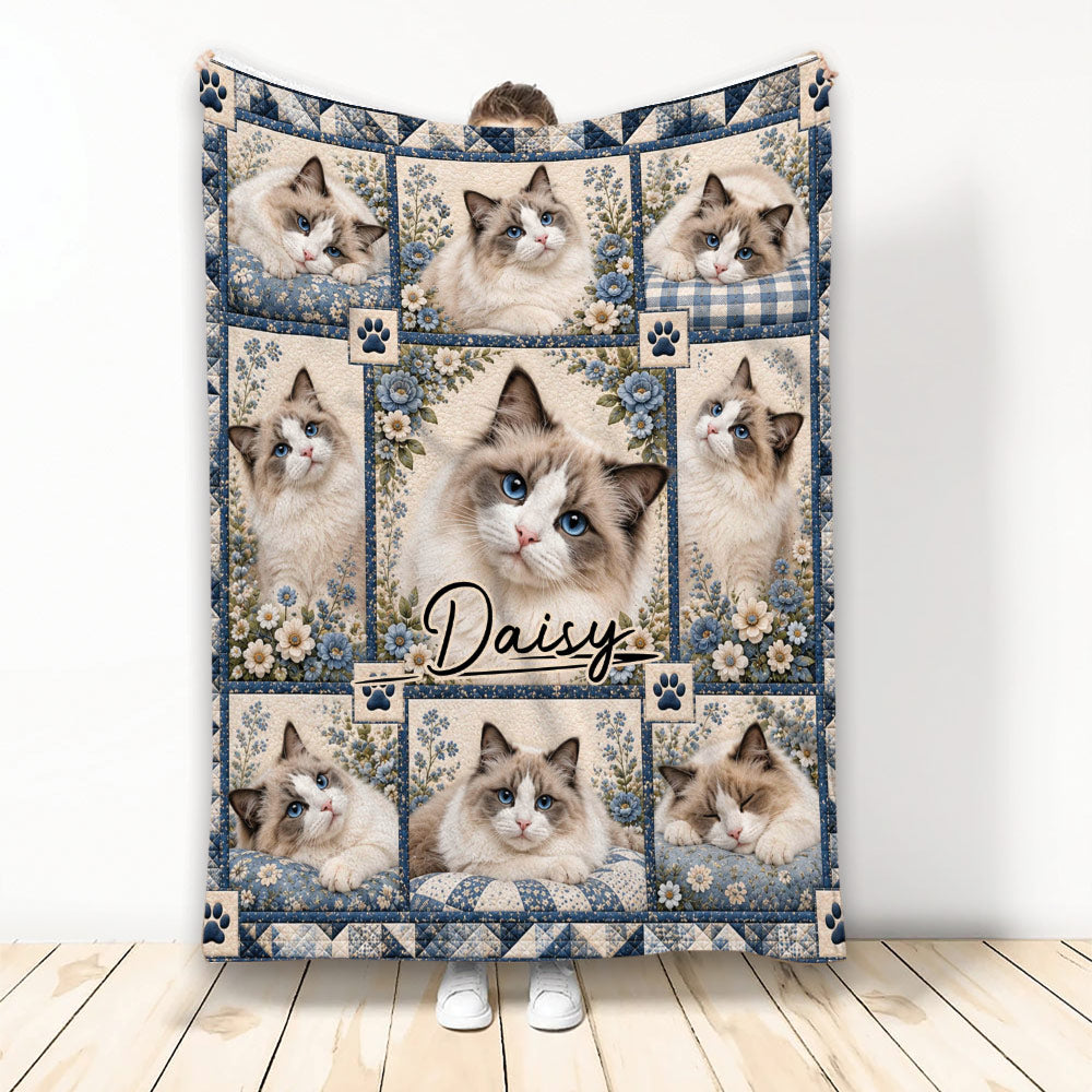 Ragdoll cat throw blanket with blue-eyed cats, floral accents, paw prints, and blue patchwork-inspired borders