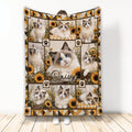 Ragdoll cat throw blanket displayed upright with blue-eyed cats, sunflowers, paw prints, and rustic patchwork artwork