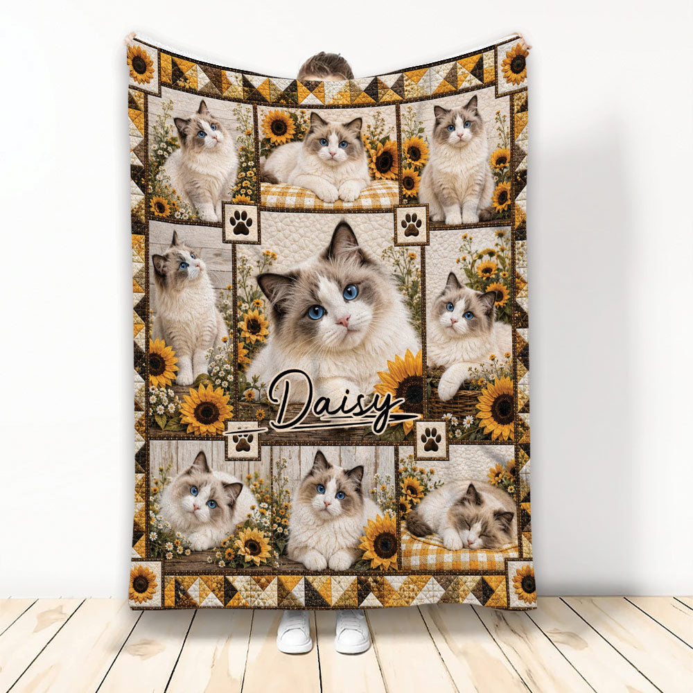 Ragdoll cat throw blanket displayed upright with blue-eyed cats, sunflowers, paw prints, and rustic patchwork artwork