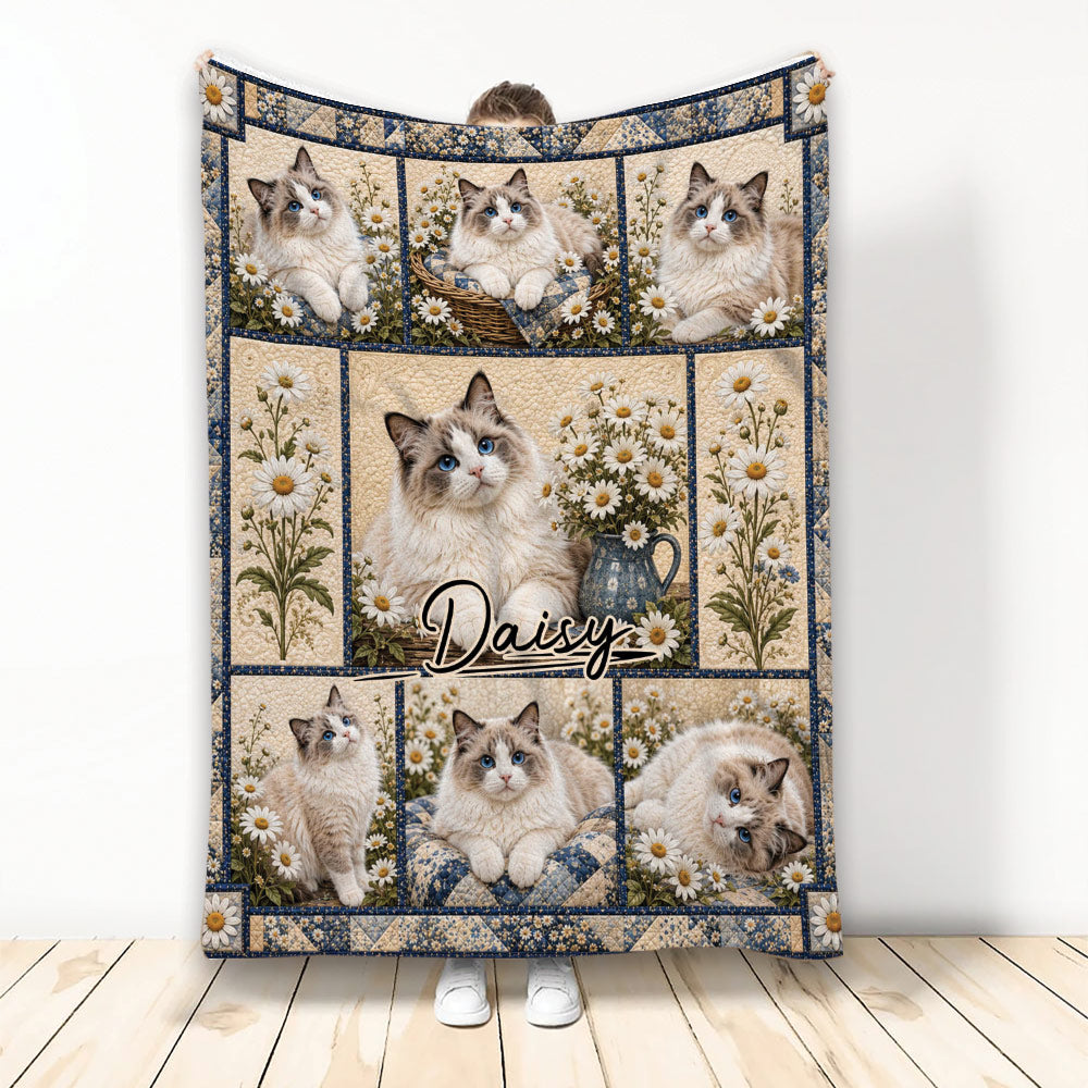 Ragdoll cat throw blanket featuring blue-eyed cats, daisies, floral panels, and a cozy decorative design
