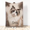 Ragdoll cat throw blanket displayed upright with a fluffy blue-eyed cat design