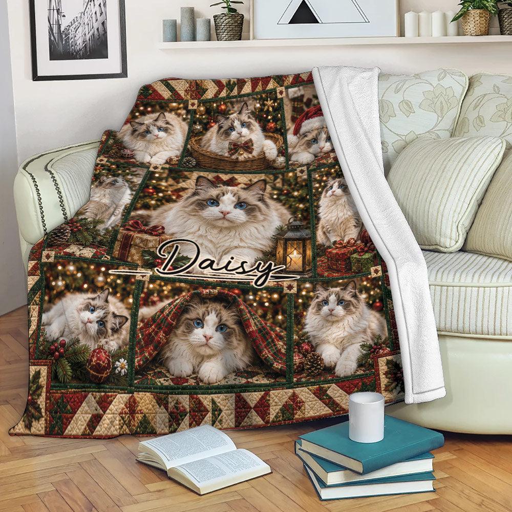 Ragdoll cat Christmas throw blanket draped across a sofa in a cozy living room