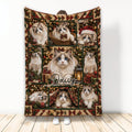 Christmas Ragdoll cat throw blanket displayed with festive panels, gifts, ornaments, and evergreen accents