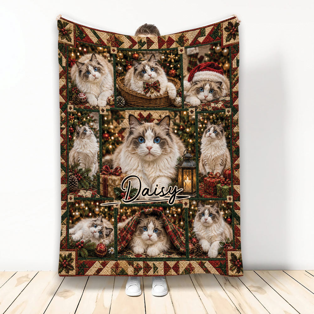 Christmas Ragdoll cat throw blanket displayed with festive panels, gifts, ornaments, and evergreen accents