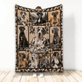 Great Dane throw blanket displayed upright with multiple dogs, paw prints, rustic cabin scenery, and mountain artwork