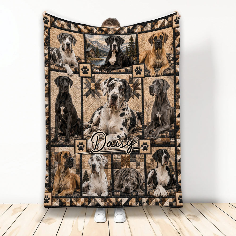 Great Dane throw blanket displayed upright with multiple dogs, paw prints, rustic cabin scenery, and mountain artwork