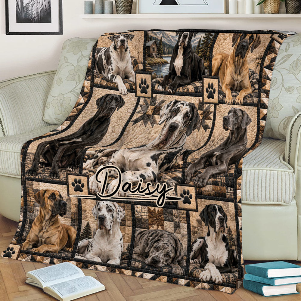 Close lifestyle view of a Great Dane throw blanket featuring dog portraits, paw prints, and warm rustic lodge artwork